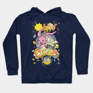 HAPPY EASTER with Cartoony Old Man Joe & the CUTEST Easter Bunny EVER Hand Drawn One of a Kind Art Clothing Hoodie